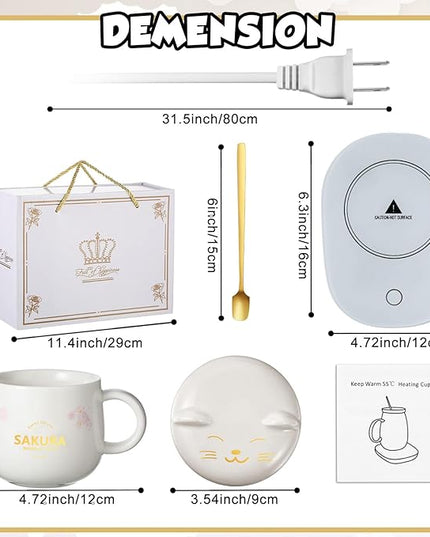 Honeydak Coffee Mug Warmer Cute Cat Mug Set Cup Warmer for Women Heated Coffee Warmers for Mom Home Office Desk Valentine's Day Anniversary Birthday Gifts(Sakura,White)