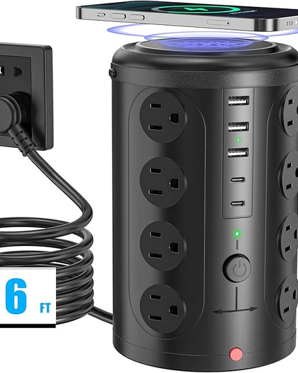 Surge Protector Power Strip - Desk Charging Station with 15W Wireless Charger, Multiple Outlets Charging Station with 16 2300J AC Outlets & 5 USB (2 USB C) Port, for Home, Office, Dorm Room