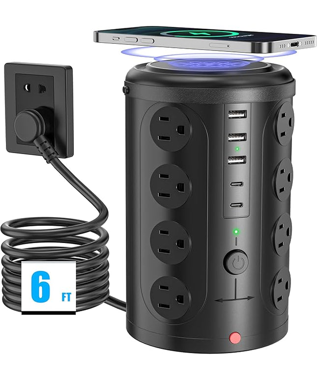 Surge Protector Power Strip - Desk Charging Station with 15W Wireless Charger, Multiple Outlets Charging Station with 16 2300J AC Outlets & 5 USB (2 USB C) Port, for Home, Office, Dorm Room