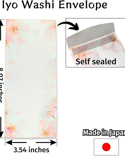 Japanese Cherry Blossom Envelopes 24 Pack (8 Pack x 3 Different Design Set), Made in Japan, Elegant Washi Paper, Self Sealing, Sakura