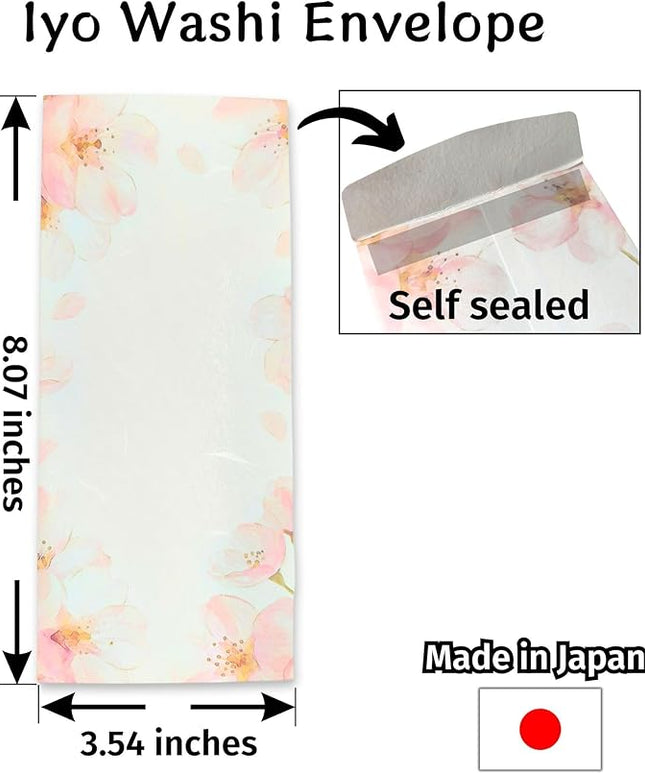 Japanese Cherry Blossom Envelopes 8 Pack, Made in Japan, (Light Pink), Elegant Washi Paper, Self Sealing, Sakura