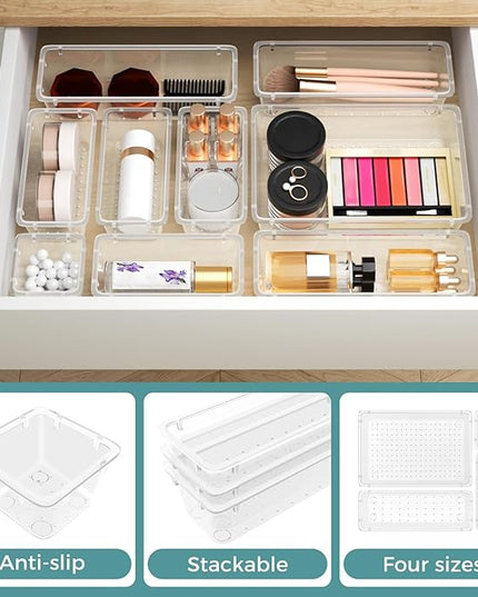 WOWBOX 44 PCS Clear Plastic Drawer Organizer Set, 5 Varied Size storage Bins and Desk Drawer Organizer Trays for Makeup, Gadgets, Jewelry and Utensils in Bathroom, Bedroom and Office, Clear