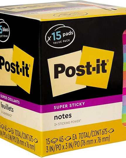 Post-it Super Sticky Notes, Assorted Bright Colors, 3x3 in, 15 Pads/Pack, 45 Sheets/Pad, 2X The Sticking Power, Recyclable, Multi-Color