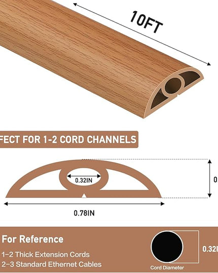 Floor Cord Cover Self Adhesive Cord Hider Floor Extension Cord Covers for Floor Power Cord Protector Cable Management Prevent Cable Trips Cable Cavity 0.32" W x 0.32" H (Light Brown Wood, 10Ft)
