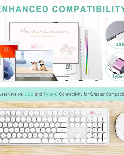 Wireless Keyboard and Mouse Combo, Ergonomic Full Size Typewriter Retro Round Keycaps Keyboard, Compatible with Windows, PC, Perfer for Home and Office Keyboards（White）
