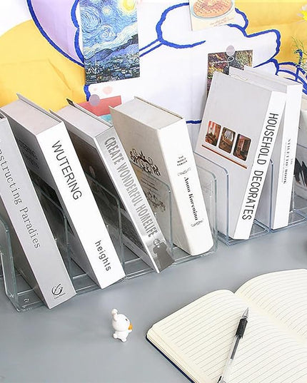 2PCS Acrylic File Organizer for Desk, Desktop Document/Mail Organizer, 4 Compartments Plastics Invisible Bookshelf Floating (12.5" x 5.7" x 5", Black)