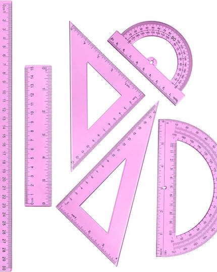 Tenare 6 Pcs Plastic Ruler Math Set Includes 12 Inch 6 Inch Straight Protractor Triangle Geometry Transparent Math Ruler Measuring Tools for School Office Home(Pink)
