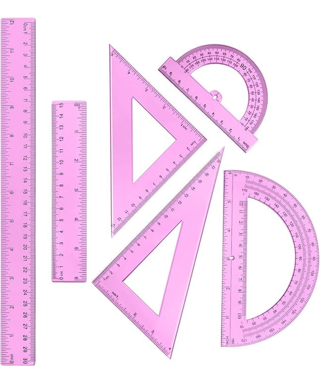 Tenare 6 Pcs Plastic Ruler Math Set Includes 12 Inch 6 Inch Straight Protractor Triangle Geometry Transparent Math Ruler Measuring Tools for School Office Home(Pink)
