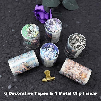 AuriicLeaf Magic-Themed PET Sticker Tape Set – 6 Rolls Pre-Cut Fantasy Witch Designs, Adhesive, with Clip for Scrapbook, Journal and DIY Decoration
