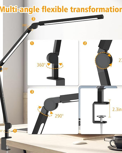 LED Desk Lamp with Clamp, Adjustable Swing Arm for Home Office, Dimmable Tempering Eye Care, Bright Modern Led Table Lamp for Nail Tech Architect, Flexible Tall Task Table Light