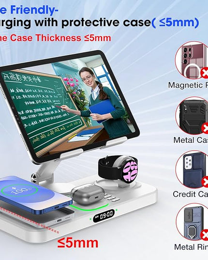30W Tablet Wireless Charger for Samsung, Foldable Android Charging Station with Clock Display with 7-Color Light, Wireless Watch Charger for S25, Only Compatible Samsung Watch, Galaxy Buds3 Pro(White