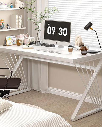 FOLUBAN White Desk, Modern Wood and Metal Computer Desk for Home Office, Simple Writing Work PC Desks for Bedroom, Industrial Study Gaming Table for Living Room, White, 47 Inch