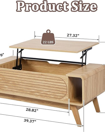 Small Lift Top Coffee Table with Hidden Compartment, Mid Century Modern Curved Coffee Table with Storage Shelf, Wooden Rectangle Center Table with Lift Tabletop for Living Room, Office (Natural)