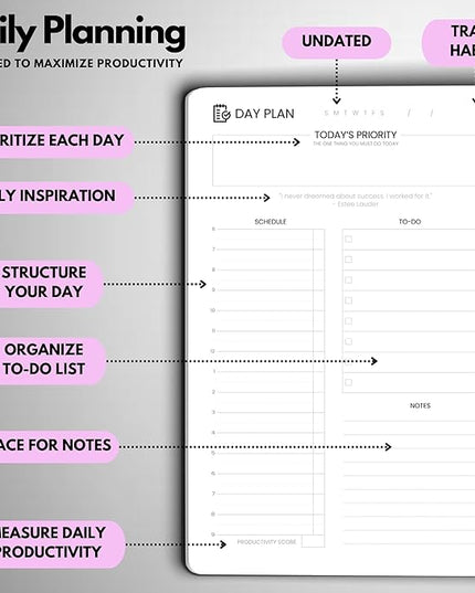 Undated Daily Planner – 6-Month A5 Productivity Organizer with Full Page Per Day, Hourly Schedule, Goal Setting, Habit Tracker, Weekly & Monthly Pages – Hardcover Time Management Notebook (Lilac)