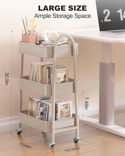 EAGMAK 3 Tier Rolling Cart, Large Metal Storage Cart with Handle and Lockable Wheels, Big Multifunctional Storage Organizer Trolley with Mesh Baskets for Kitchen, Living Room, Office, Garage (Beige)