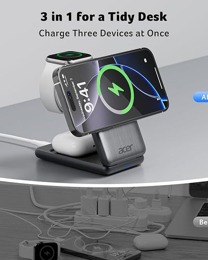 Acer 3 in 1 Charging Station for iPhone, Wireless Charger Stand,15W Fast MagSafe Charger for iPhone 17 16 15 14 13 12 Series-Apple Watch 10 9 8 7 6 5 4 3 2 SE and Ultra Series-Airpods 4 3 2 Pro Series