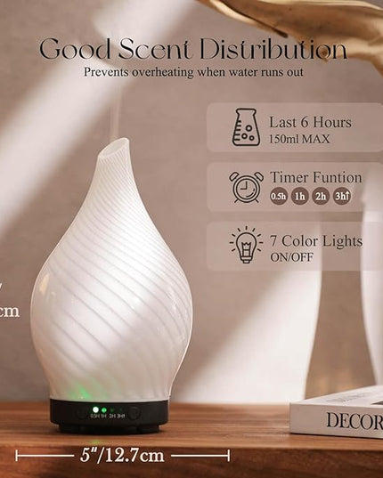 Porseme 150ml Essential Oil Diffuser Glass Color Changing Aroma Air Diffusers Aromatherapy Ultrasonic Cool Mist Humidifier 6 Running Hours Waterless Auto-Off for Sleeping Yoga Office Spa (Pure White)