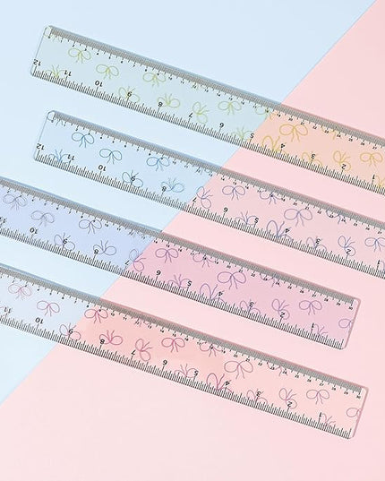 BAYTORY 4Pcs Transparent Acrylic Ruler 12 Inch, Clear Plastic Straight Rulers, Shatterproof Student Stationery Centimeters with Inches, for Classroom Essentials School Supplies (Bowknot)