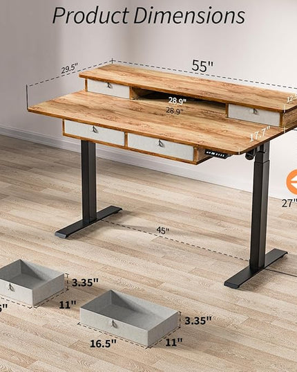 Kingant Standing Desk with Drawers & USB Charging Port, 55" x 30" Height Adjustable Home Office & Gaming Desk, Sit Stand Desk with Built-in Storage Shelf, Hook & Ergonomic Design(Light Rustic)