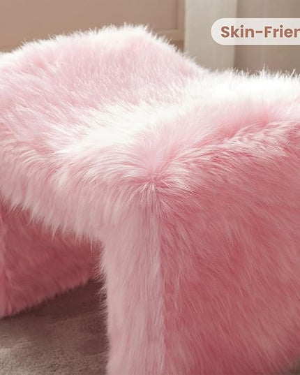 Ottoman Set of 2 Small Footstool Ottoman Vanity Stool Chair Faux Fur Seating Backless Modern Foot Rest Furry for Makeup Room Living Room Bedroom Entryway,Pink(2-in-1)