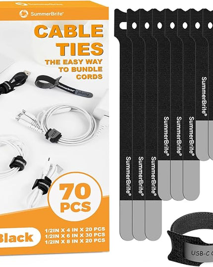 70 Pack Black Cable Ties Assorted Sizes (4, 6, 8 Inch) with Writable Labels, Reusable Cord Organizer Straps, Hook & Loop Wire Management for PC Desk Setup, Home Office & Electronics