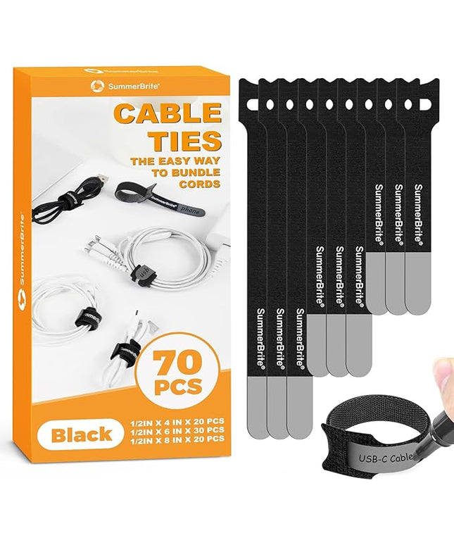 70 Pack Black Cable Ties Assorted Sizes (4, 6, 8 Inch) with Writable Labels, Reusable Cord Organizer Straps, Hook & Loop Wire Management for PC Desk Setup, Home Office & Electronics