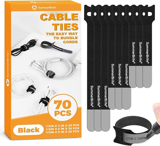 70 Pack Black Cable Ties Assorted Sizes (4, 6, 8 Inch) with Writable Labels, Reusable Cord Organizer Straps, Hook & Loop Wire Management for PC Desk Setup, Home Office & Electronics