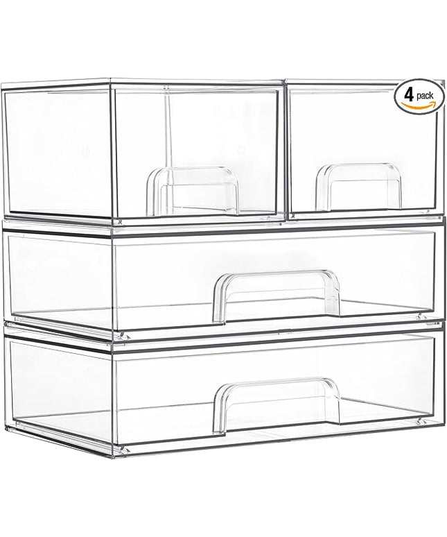 Vtopmart Stackable Storage Drawers Set of 4, Clear Plastic Organizer Bins for Bathroom Supplies,Ideal for Cabinet,Pantry,Laundry Room Organization
