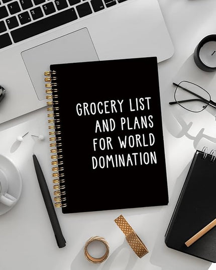 LIANGW Grocery List and Plans for World Domination Funny Notebooks Journal, Funny Gag Office Gifts for Coworkers, Office Notebooks, Funny Office Supplies, Black Hardcover Spiral Notebook 5.5x8.3 Inch