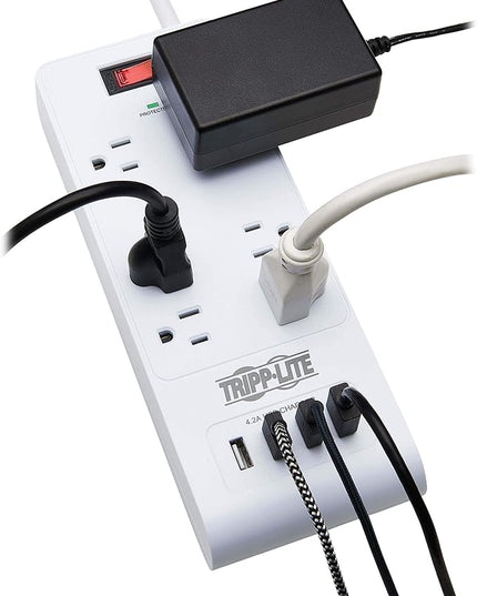 Tripp Lite 6 Outlet Surge Protector Power Strip 4 USB Ports 4.2A Fast Charge, 15 ft. Cord 900 Joules, White, (TLP64USBRA15)