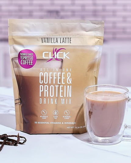 Click Coffee Protein Powder | Double Shot Espresso | 16g Protein | 23 Essential Vitamins | Low Calorie Meal Replacement | 150mg Caffeine | Gluten Free | No Artificial Flavors or Colors | Vanilla