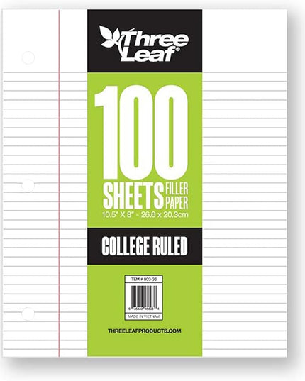 Three Leaf 100 Sheets College Ruled Filler Paper, 2880 Ct. (80 Cases X 36 Filler Paper), Loose-Leaf Sheets For School And Office