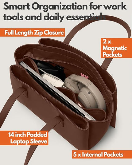 Work Tote Bags for Women 14 Inch - Work Bag Laptop Bag with Zip Compartments - Large PU Leather Office Computer Briefcase