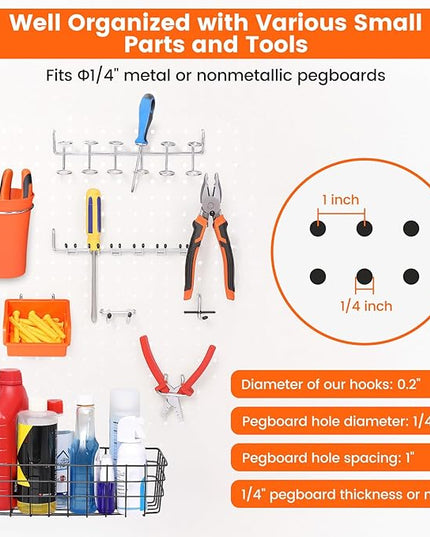 Pegboard Organizer Accessories Kit 264 PCS, Peg Board Hooks Assortment with Bins, Cups, Baskets for 1/4in Pegboard Wall Organizer, Garage Organization, Workbench, Craft Room, Hanging Tools