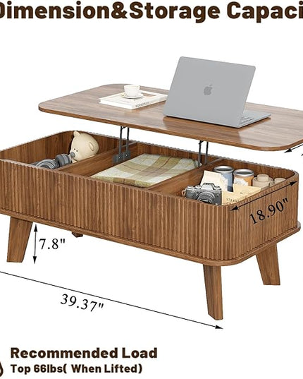 LCVTND Fluted Lift Top Coffee Table with Storage, Modern Wood Coffee Table Retro Center Table with Hidden Lifting Table Top Compartment for Living Room, Home, Office, Walnut