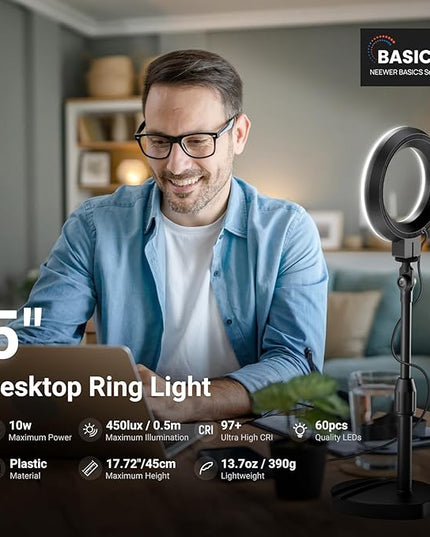 NEEWER Basics 5" LED Desktop Ring Light with Stand, Monitor Clamp, 10W, Compatible with iPhone Desk Computer Laptop Webcam Phone for Selfie Makeup Recording Zoom Video Conference Lighting, Black BR60