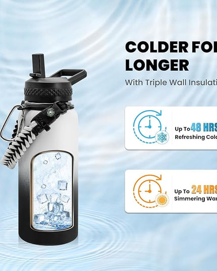 Insulated Water Bottle 32 oz, Triple Wall Vacuum Stainless Steel (Cold for 48 Hrs), Leak Proof & Non-BPA, Modern Water Flask Jug with Paracord Handle & Straw Spout Lids, Ombre: White/Black