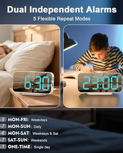 ALANAS Mirror Digital Alarm Clock, Dual Alarms with Snooze, 4-Level Dimmer, 2 USB Ports, Plug in Modern Alarm Clock for Bedrooms (Blue Digit)