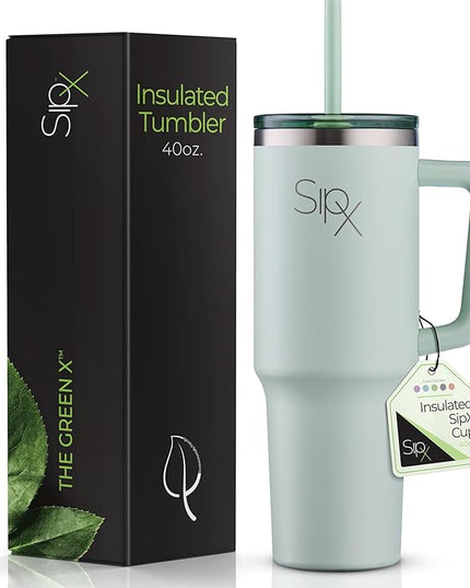 SIPX™ 40 oz Insulated Tumbler with Handle & Straw – Vacuum Insulated Stainless Steel, Leakproof, Cupholder Friendly – Perfect for Iced Coffee, Water & Travel – Green