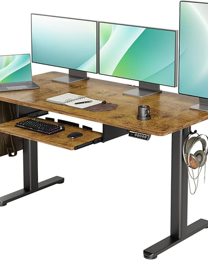 YDN Standing Desk with Keyboard Tray, 55 Inch Height Adjustable Desk, Brown Stand Up Desks for Home and Office, 55inch Rustic Brown