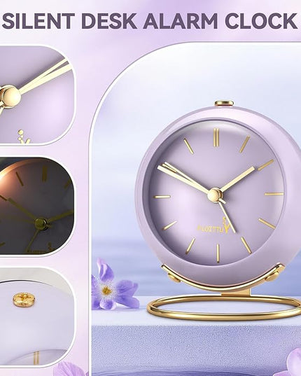 FLOITTUY Silent Table Analog Alarm Clock No Ticking, Lighted on Demand and Battery Operated, Beep Sounds, Small Desk Clock(Air Purple)