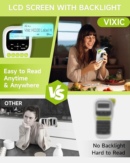 Vixic Label Maker Machine with-Tape, H1100 Handheld Label Maker Waterproof-Labels Portable Labeler Backlit Screen for Home School Office Organization Gifts, Multiple Fonts Symbols Borders Easy to Use