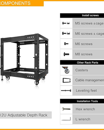 RIVECO 12U Server Rack Adjustable Depth Network 4 Post Cabinet Open Frame with Leveling Feet & Wheels Fully Rivets 1400 LBS