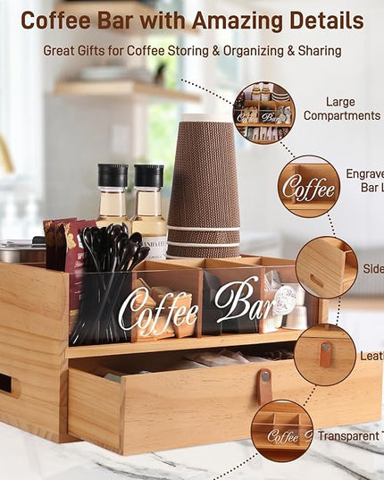 Intarsio 2-Tier Coffee Bar Organizer with Clear Acrylic Top, Built-in Drawer and Leather Handle Pull for Countertop, Stylish Coffee Station Storage Box for Accessories, Pods, Great Gifts for Home