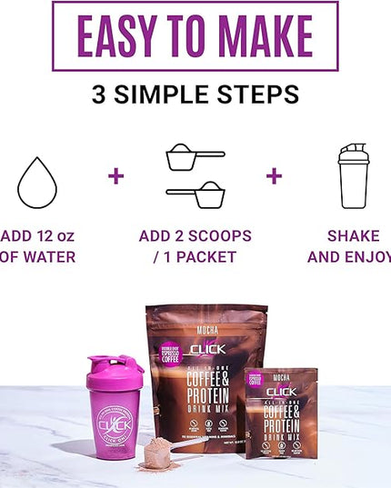 Click Coffee Protein, Protein & Real Coffee All-in-One, Meal Replacement Nutrition Drink, Mocha Flavor, 23 Essential Vitamins, Double Shot Espresso Coffee, Hot or Cold, 15.8-Ounce