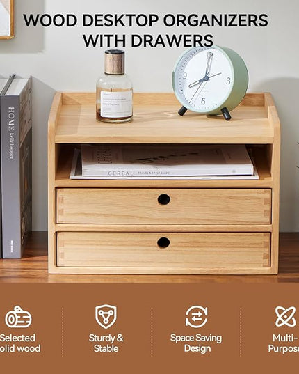 KIRIGEN Desktop Organizer with 2 Drawers and Tray - Wood Office Desk Storage Shelf for Office Supplies - Small Cabinet for Countertop Accessories Storage 3 Layer Natural（DT3D2C-NA）