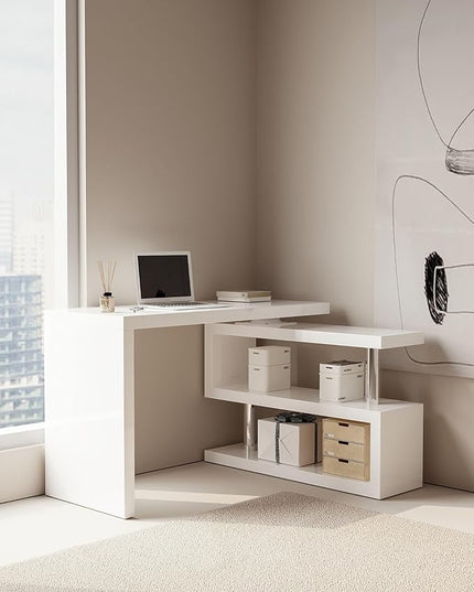 47" Swivel Top Desk with Storage Shelves - 360° Rotating Tabletop Computer Workstation for Home Office - Full Glossy Mirror Finish Space-Saving Corner Writing Table (Brown)