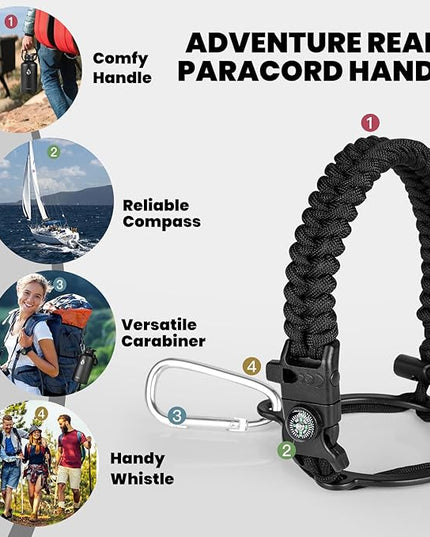 Insulated Water Bottle 64 oz, Triple Wall Vacuum Stainless Steel (Cold for 48 Hrs), Leak Proof & Non-BPA, Half Gallon Water Flask Jug with Paracord Handle & Straw Spout Lids, Magic Black