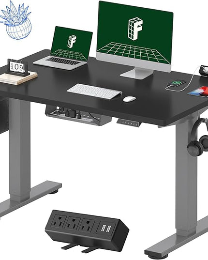 FLEXISPOT EN2 Whole-Piece Standing Desk with Clamp Power Strip, 48 x 30 Electric Stand Up Height Adjustable Desk with Cable Management (Gray Frame + 48" Black Top, 2 Packages)
