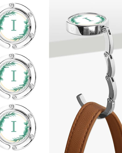 Iqimott 3pcs Personalized Initial Foldable Purse Hook for Table, Flower Letter Folding Handbag Hanger Portable Magnet Table Hook Holder, Collection Desk Purse Hooks for Women Bag (Green-I)